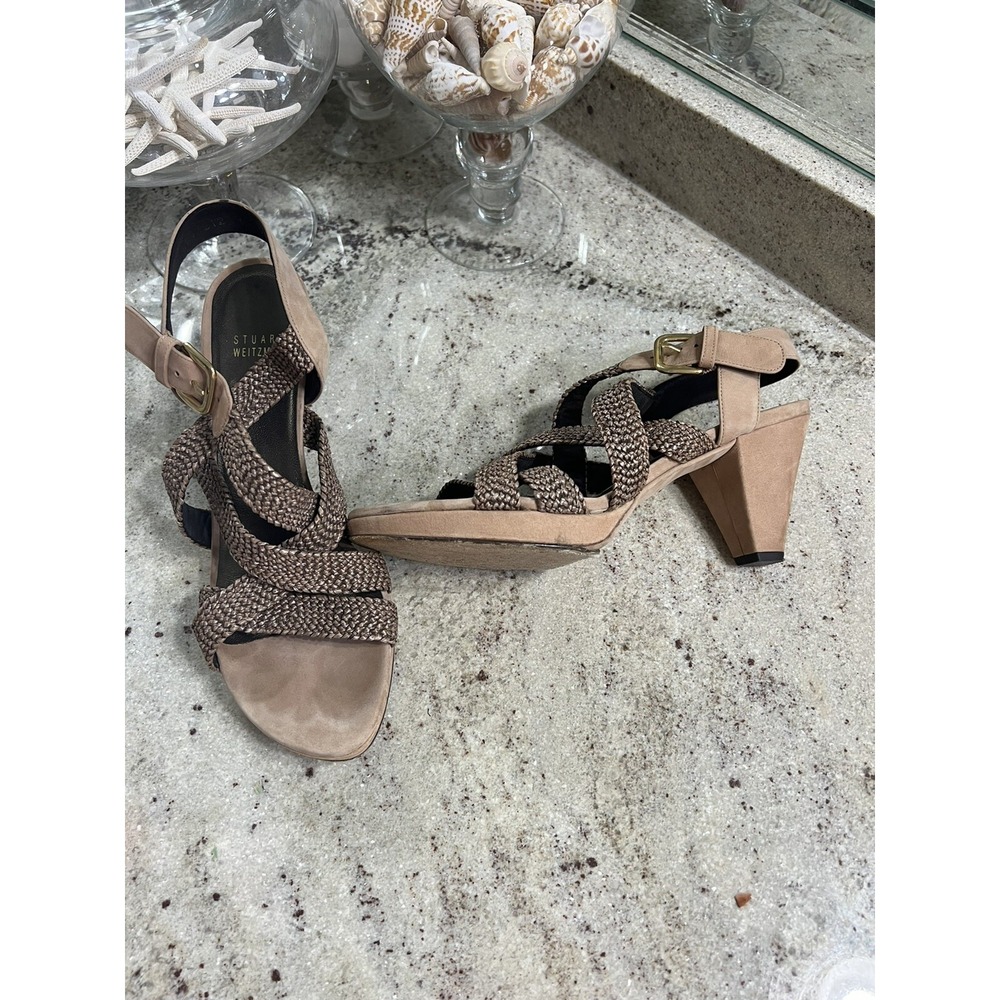 Stuart Weitzman Weavit Raffia Woven Platform Open Toe Cuban Heel Sandal 9 M